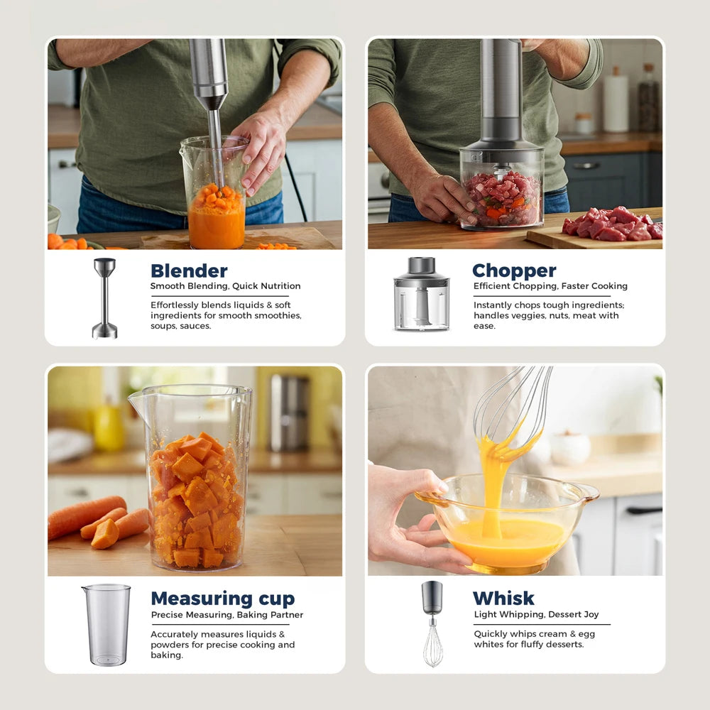 MIUI Hand Immersion Blender 1000W Powerful 4-In-1,Stainless Steel Stick Food Mixer,700Ml Mixing Beaker,500Ml Processor,Whisk