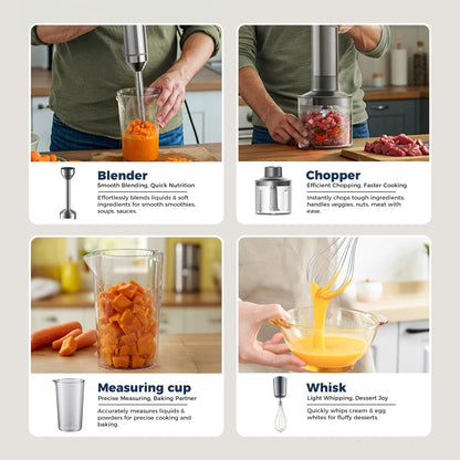 MIUI Hand Immersion Blender 1000W Powerful 4-In-1,Stainless Steel Stick Food Mixer,700Ml Mixing Beaker,500Ml Processor,Whisk